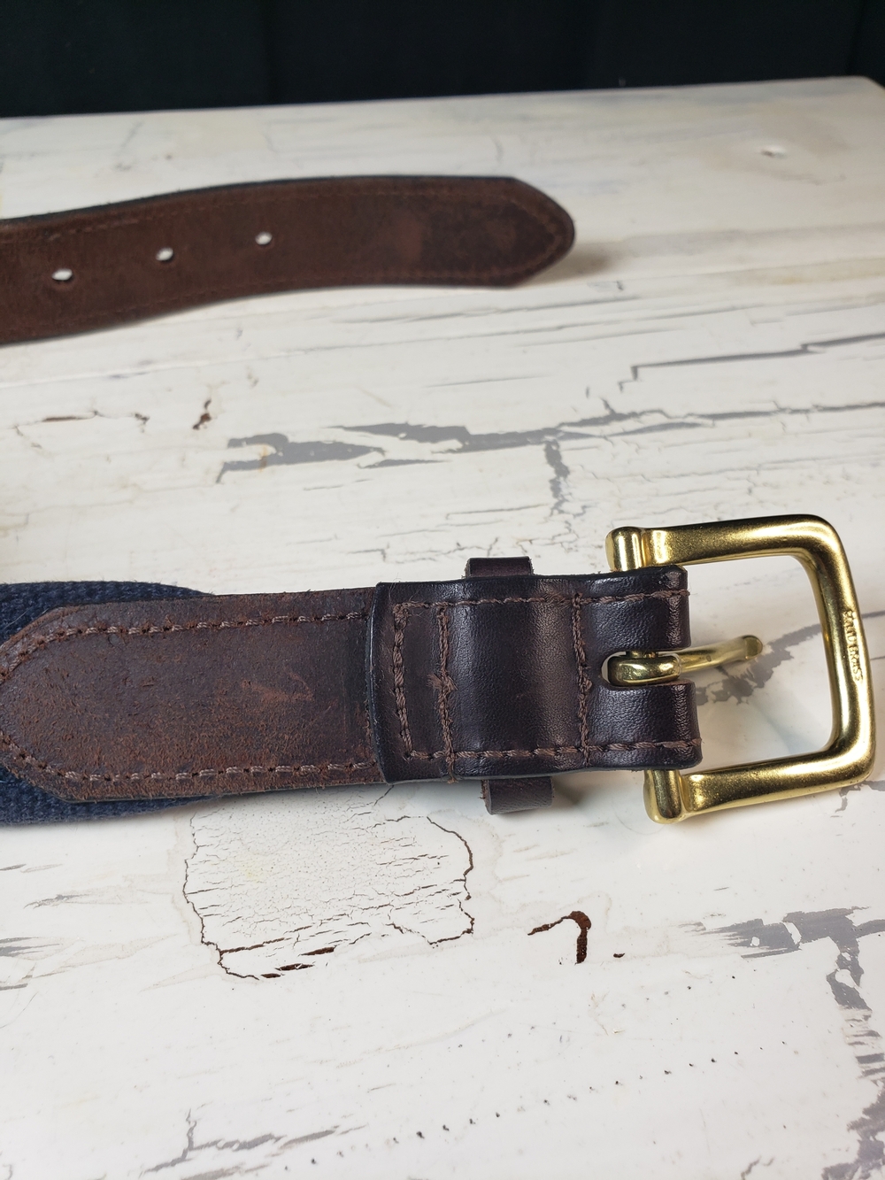 Vineyard Vines Navy Whale-Print Webbing Belt with Brown Leather - Picture 14 of 16